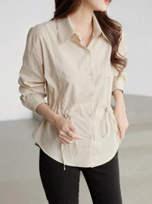 DAZY Women's Solid Color Simple Daily Long Sleeve Cinched Waist Blouse,Fall Clothes - Apricot - View 6