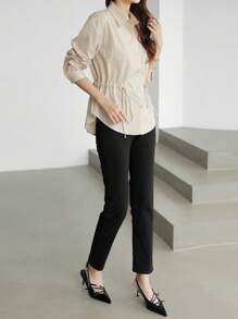 DAZY Women's Solid Color Simple Daily Long Sleeve Cinched Waist Blouse,Fall Clothes - Apricot - View 7