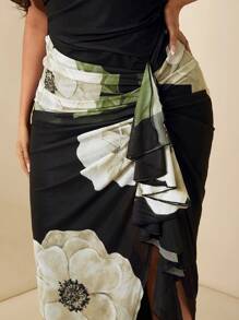 SHEIN BAE 大码女式网眼吊带荷叶边下摆浪漫假日优雅派对长款修身花卉印花连衣裙，女士生日礼服