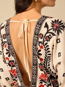 CAJUNI 女式波西米亚风热带植物与杜鹃花印花 V 领露背杏色休闲沙滩紧身衣，夏季 - 彩色 - 查看 7