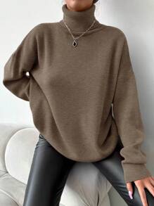 EURMUSE 女款純色高領落肩毛衣 - 摩卡棕 - 查看 1