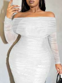 SHEIN SXY Plus Size Women's Solid Color Off-Shoulder Long Sleeve Pleated Fitted Elegant Dress, Spring-Summer Homecoming Dress