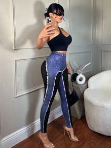 SHEIN SXY Digital Print High Elasticity Skinny Leggings Leggings Set - Blue - View 4