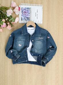 Girls' Sweet Fashion Bowknot Embroidery Loose Comfortable Denim Jacket With Elastic Hem - Dark Wash - View 1