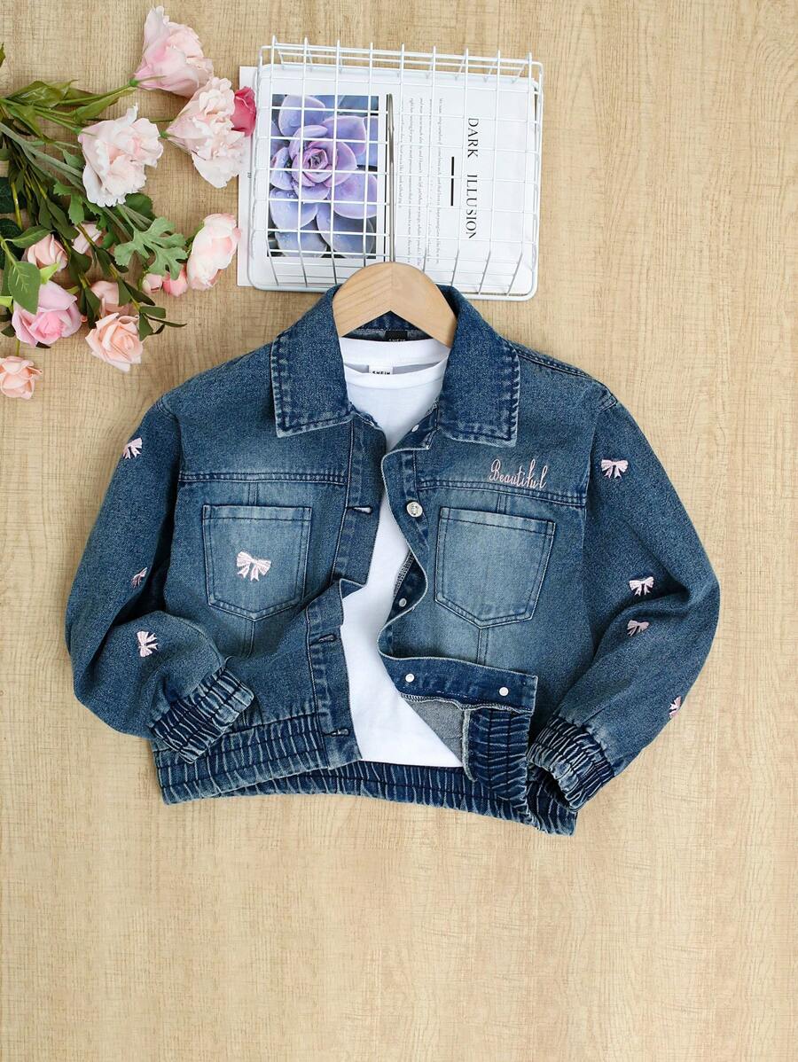 Girls' Sweet Fashion Bowknot Embroidery Loose Comfortable Denim Jacket With Elastic Hem - Dark Wash - View 1