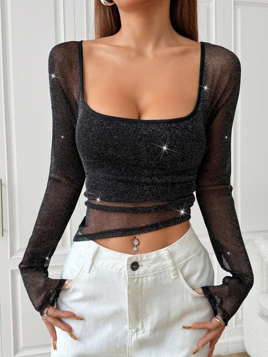 Muchica Blusa transparente de malla para mujer con cuello elegante y diseño de bajo asimétrico - Negro - Ver 1