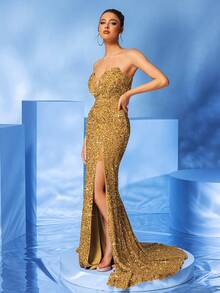 Váy đuôi cá xẻ đùi sequin, váy dạ hội, cho khách dự tiệc cưới, tốt nghiệp, tiệc tối - Vàng - Xem 6