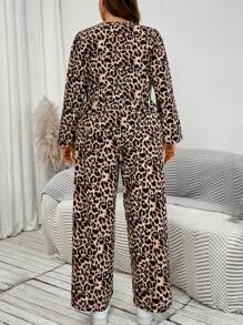 SHEIN LUNE Bộ đồ báo cỡ lớn Áo sơ mi báo tay dài có dây rút và quần báo cạp cao ống rộng Bộ đồ thường ngày cho nữ Bộ quần áo cho nữ Sân bay Bộ đồ du lịch cho nữ Sân bay - Nhiều màu - Xem 2