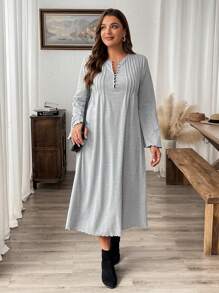 SHEIN LUNE Long Sleeve Button Decorated Empire Waist A-Line Dress, Plus Size - Grey - View 5