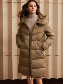 Anewsta Veste beige à capuche longue pour femmes avec couture horizontale