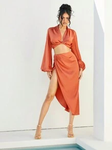 SHEIN Unity Conjunto de dos piezas con blusa de manga farol y falda cruzada