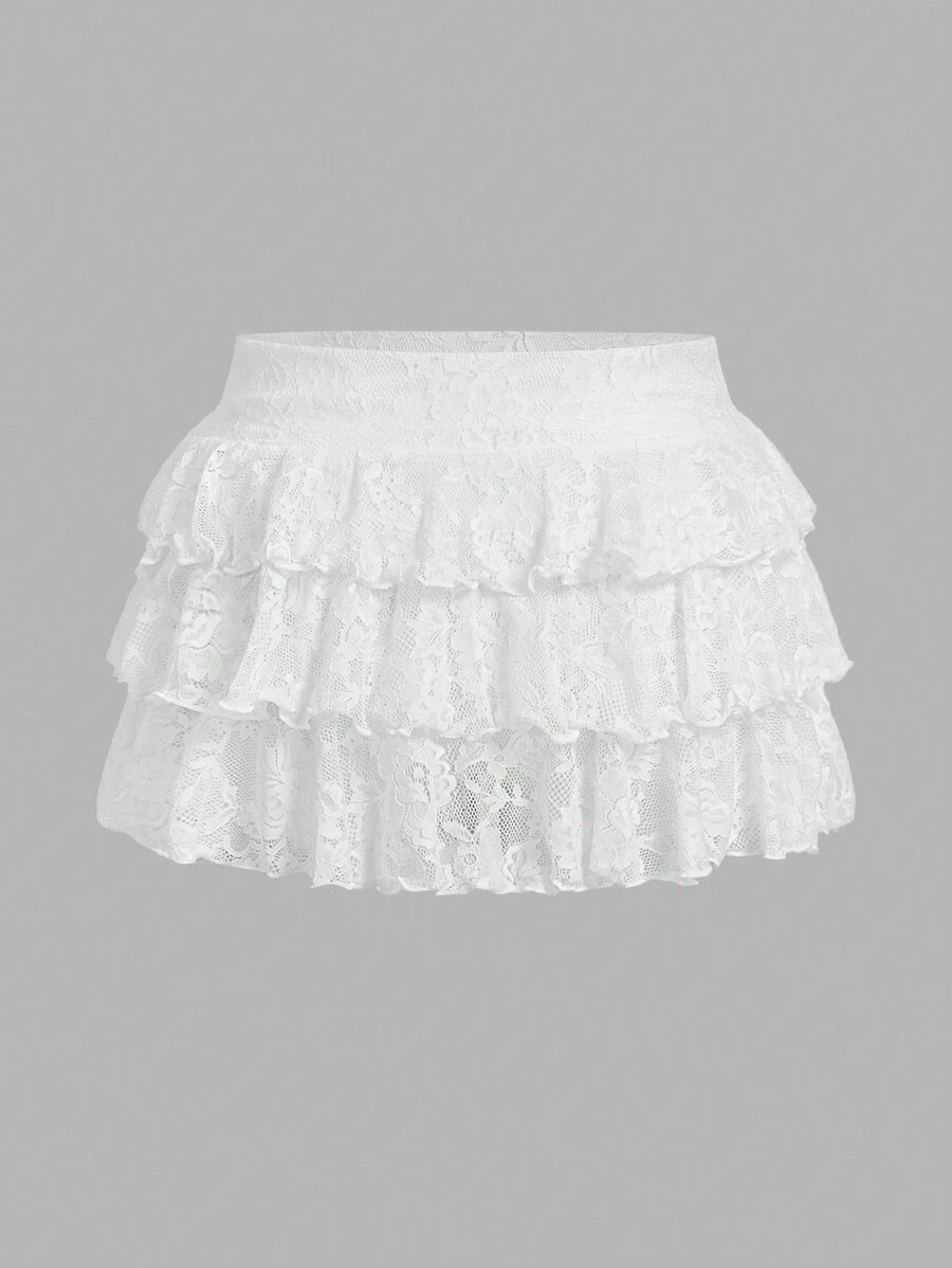 SHEIN ICON 大码女式纯色蕾丝蛋糕裙