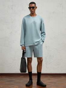 AKNOTIC Business Casual 2 件男士宽松落肩圆领运动衫和短裤套装，绿色刺绣绒面革 - 綠色 - 查看 2