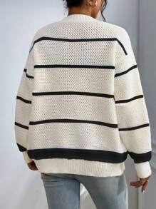SHEIN Unity Cardigan de tricô minimalista com listras coloridas para mulheres - Preto e Branco - Visão 2