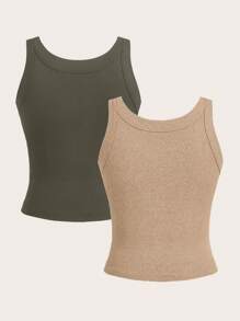 SHEIN Essnce 2pcs Women Seamless Ribbed Camisole Tops, Thick Adjustable Strap Sleeveless Cami Top Undershirt - Multicolor - View 2