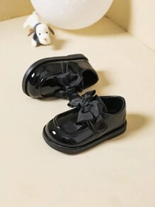 女童休闲日常穿圆头英伦风平底鞋，秋冬季 - 黑色 - 查看 3