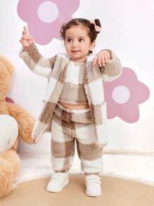 Babygirl 可爱温暖毛绒格子中长款夹克和长裤三件套，秋冬 - 彩色 - 查看 7