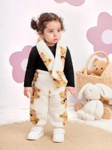 SHEIN 2 piezas Conjunto de invierno informal para bebé niña con suéter y pantalones con estampado de dibujos animados esponjoso