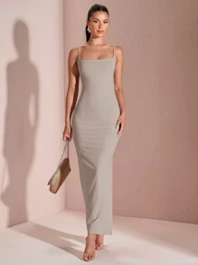 SHEIN BAE Đầm bodycon đen gợi cảm hở lưng, cổ vuông, dây mảnh, buộc chéo gợi cảm mùa hè - Xám - Xem 6