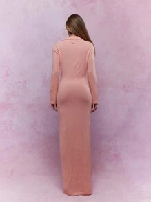 MISSGUIDED Knit Plunge Neck Collared Flared Long Sleeves Maxi Dress Winter Wear - Pink - View 2