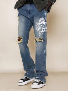 SUMWON Flare Fit Ripped Denim Jean With Splatter Paint * Angel Graphic Print - Blue - View 1
