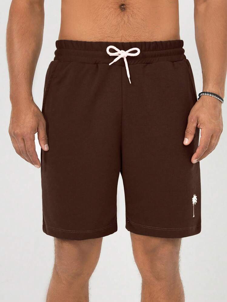 Men's Coconut Tree Printed Drawstring Waist Shorts - Brown - View 5