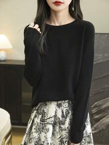 女士圆领长袖毛衣，秋冬季保暖柔软针织套头衫 - 黑色 - 查看 5