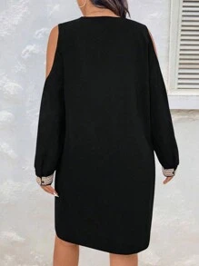 SHEIN LUNE Plus Contrast Guipure Lace Cold Shoulder Dress Fall Cloth For Women - Black - View 2