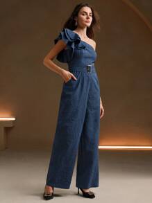 Anewsta Women's Solid Color Minimalist Casual Asymmetrical Neck Jumpsuit
