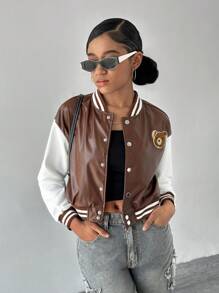 SHEIN 青少年女孩休闲拼布熊图案拉链 PU 皮革运动夹克、飞行员夹克 - 駝色 - 查看 5