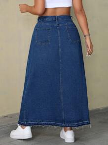 SHEIN ICON Plus Size Women's Loose Straight Pocket Denim Long Skirt