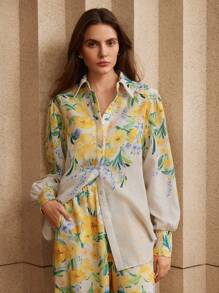 Anewsta 2pcs Floral Printed Ladies' Shirt And Pants Set, Holiday - Apricot - View 6