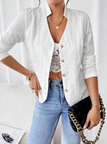 SHEIN Unity Women's Simple Solid Color Button-Up Long Sleeve Jacket, Casual Wear Fall Cloth For Women - White - View 3