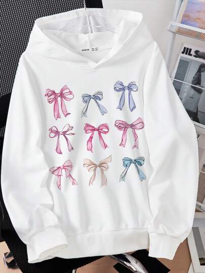 少女初秋九格彩色蝴蝶结印花连帽卫衣