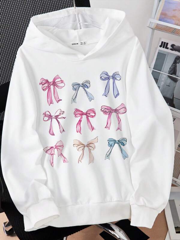 GraphicGems Teen Girl Early Autumn Nine-Grid Colorful Bow Print Hooded Sweatshirt