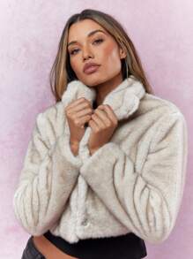 MISSGUIDED Fluffy Collared Long Sleeves Crop Coat Winter Wear - Apricot - View 3