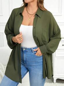 SHEIN LUNE Camisa casual de manga larga, holgada, de caída de hombros, de color verde oliva, talla grande, para primavera/verano - Verde militar - Ver 6