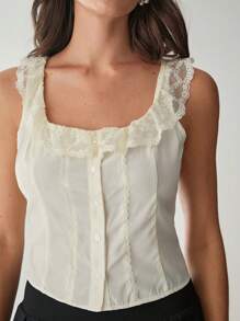 Enchnt Women's Solid Color Simplistic Everyday Lace Patchwork Tank Top