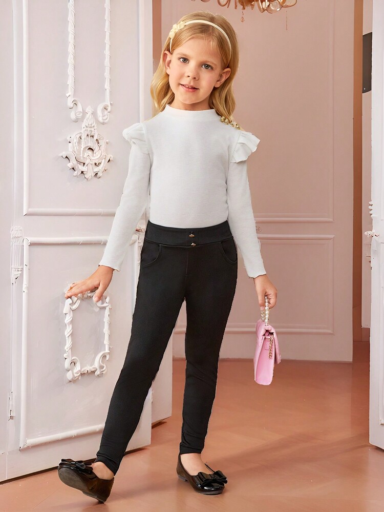 SHEIN 年轻女孩纯色修身休闲高腰裤 - 黑色 - 查看 5