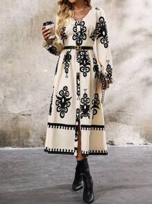 SHEIN Clasi Women's Elegant Black & White Floral Print V-Neck Waist Cinched A-Line Dress - Black and White - View 5