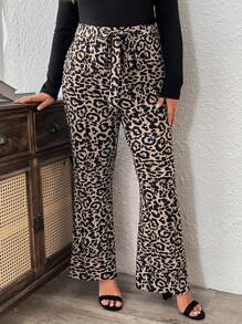 SHEIN LUNE Plus Size Fall Pants Leopard Print Flare Pants With Tie Bow Waistband Airport Women Outfits