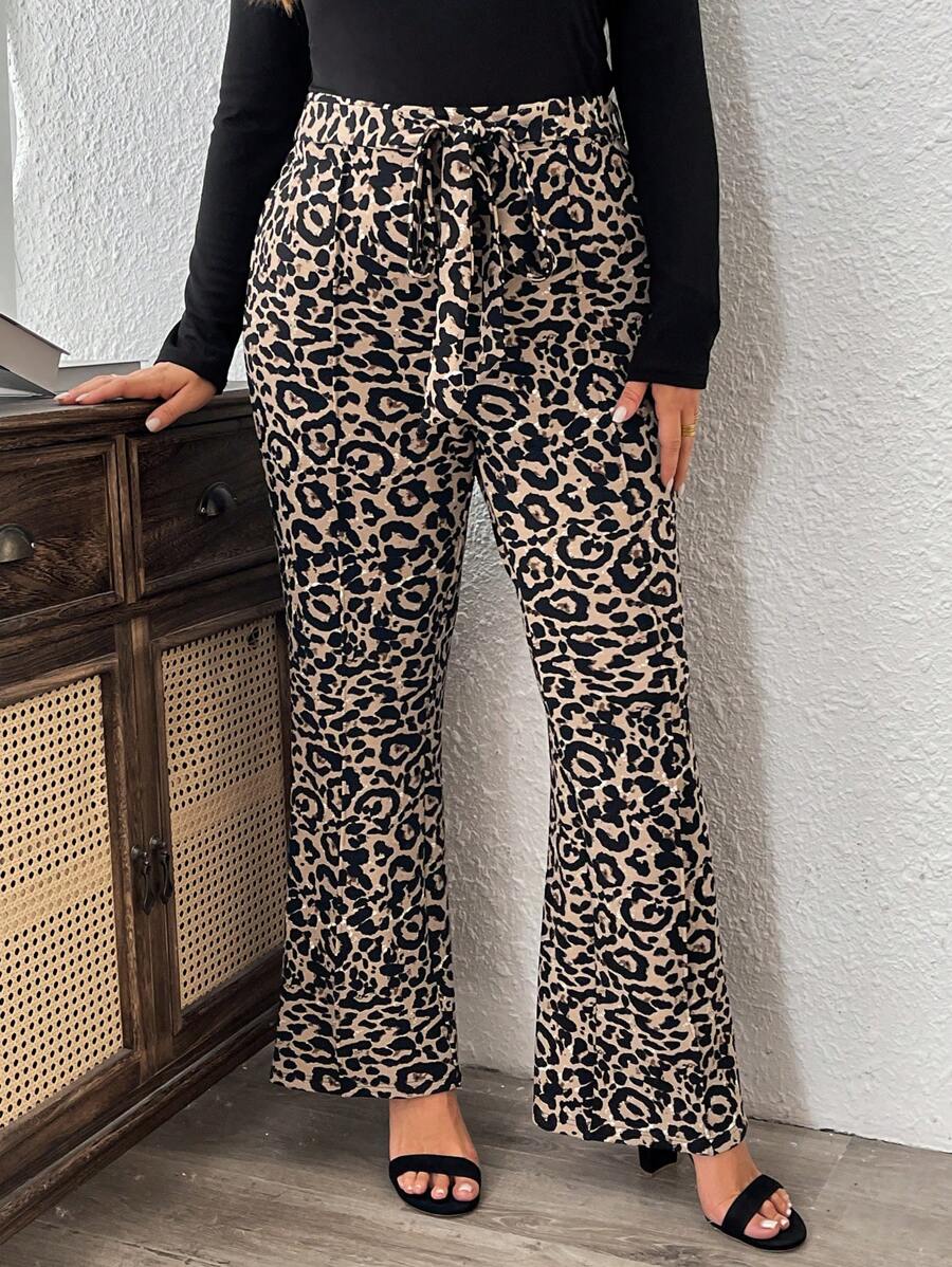 SHEIN LUNE Plus Size Fall Pants Leopard Print Flare Pants With Tie Bow Waistband Airport Women Outfits