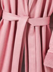 少女蓬松拼接长袖简约鹿皮绒面连帽长外套 - 粉色 - 查看 6