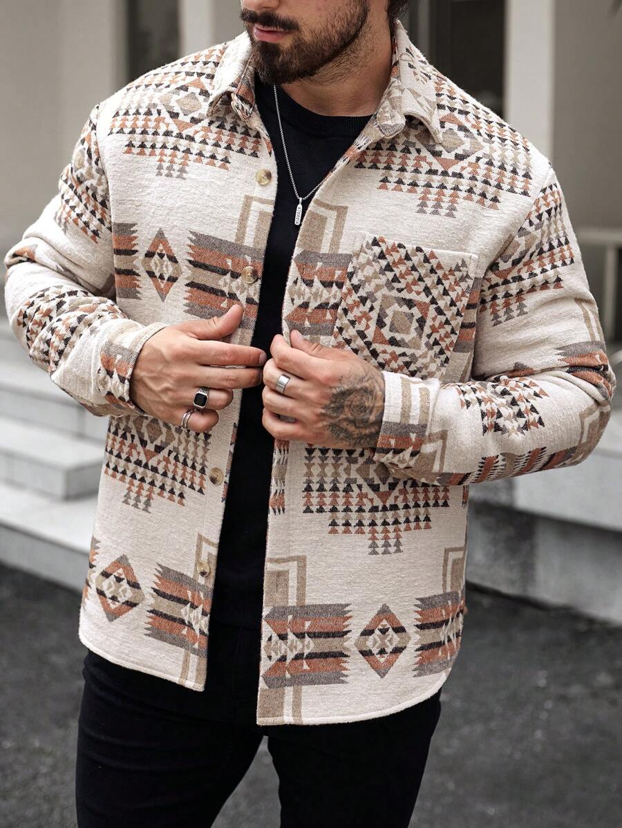 Manfinity RSRT Men's Geometric Pattern Long Sleeve Casual Loose Shacket, Spring Autumn Work Colorful Shacket, For Friends, Husband, Boyfriend Gifts - Khaki - View 1