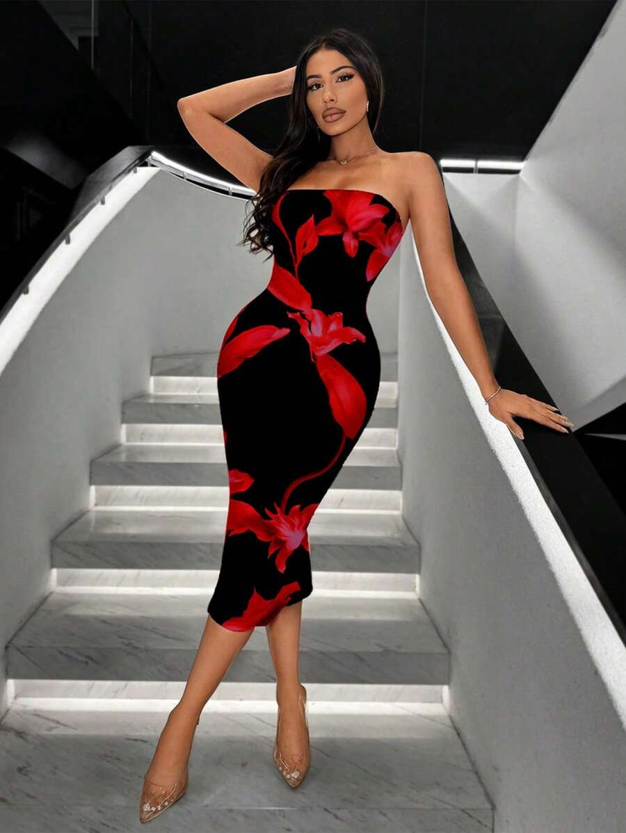 SHEIN SXY 女士休闲简约百合花卉印花紧身长裙，春夏秋季返乡节连衣裙