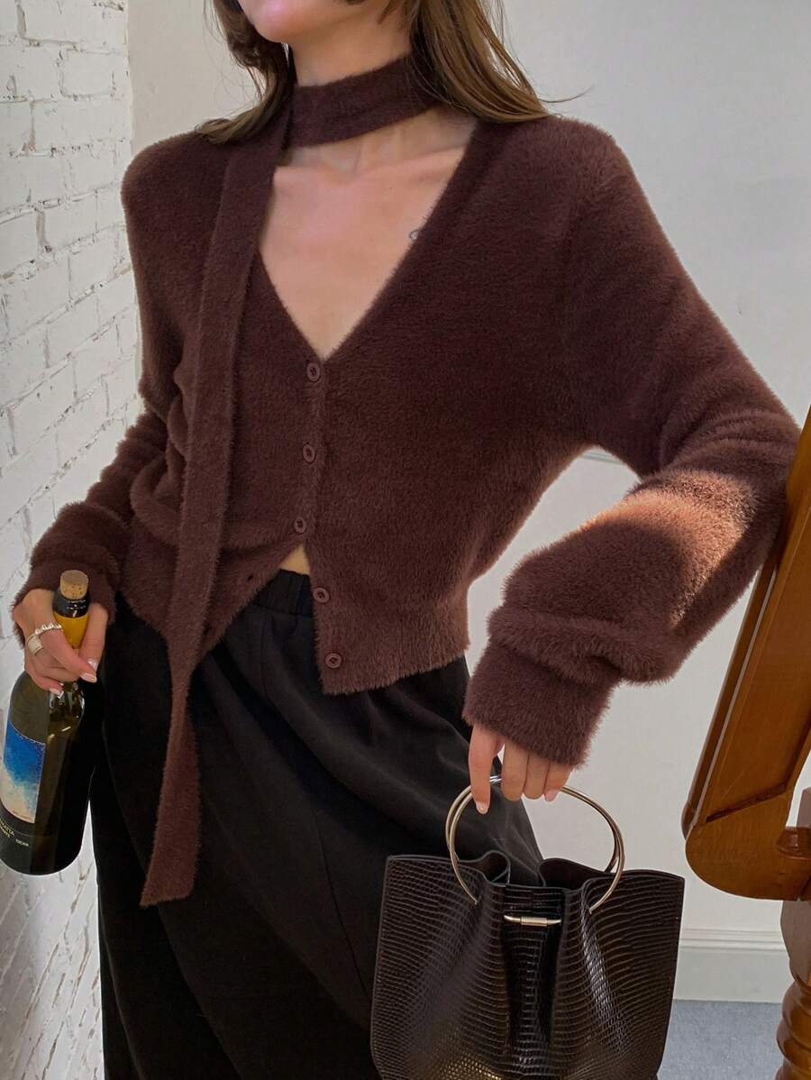 DAZY 1 Áo khoác cardigan nữ cổ chữ V tay dài buộc phía trước, áo khoác cardigan màu nâu cho nữ, quần áo mùa thu cho nữ - màu nâu - Xem 1