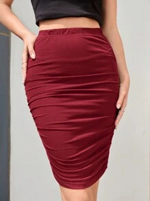 Cottnline Solid Ruched Bodycon Skirt - Red - View 4