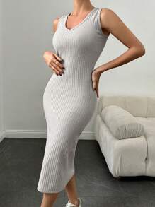 EURMUSE Solid Dolman Sleeve Ribbed Knit Tee & Pencil Skirt - Beige - View 3