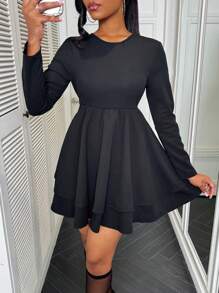 VaVaBold Solid Color Round Neck Long Sleeve Backless Ruffled Hem Casual Vacation Dress