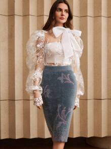 Anewsta 重珠绣花针织 A 字裙 - 灰色 - 查看 5